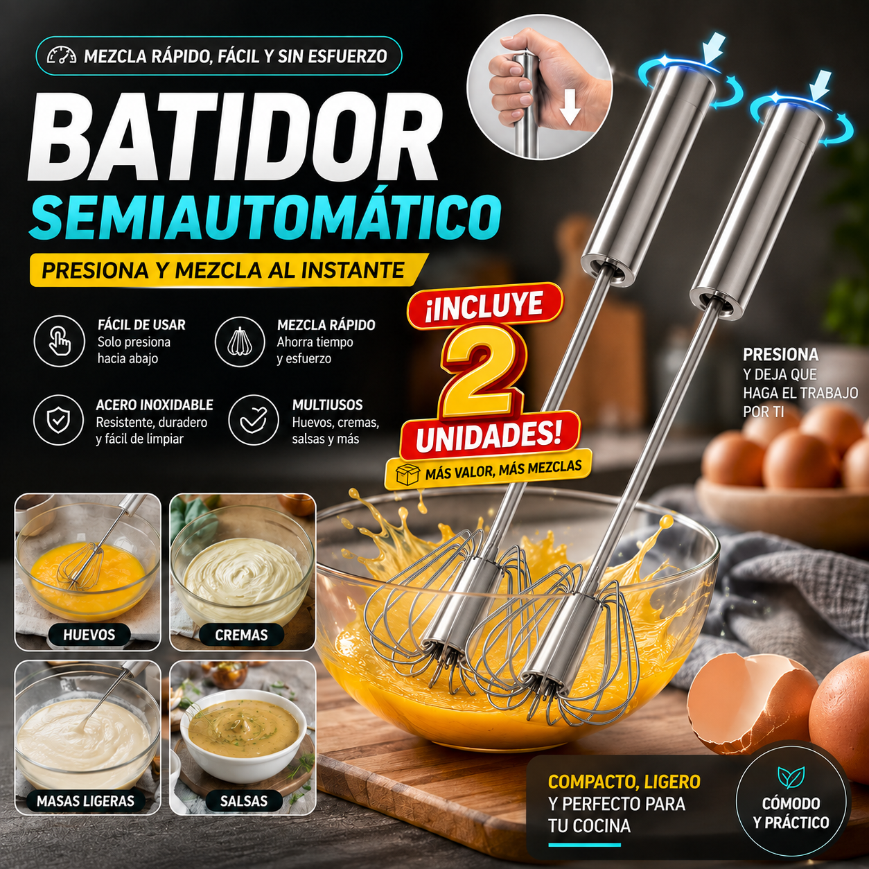 Batidores semiautomáticos de acero inoxidable para cocina