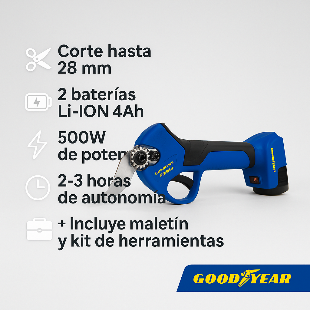 Tijera de Poda Eléctrica Goodyear 16.8V | 2 Baterías | 28 mm | Agricola Profesional