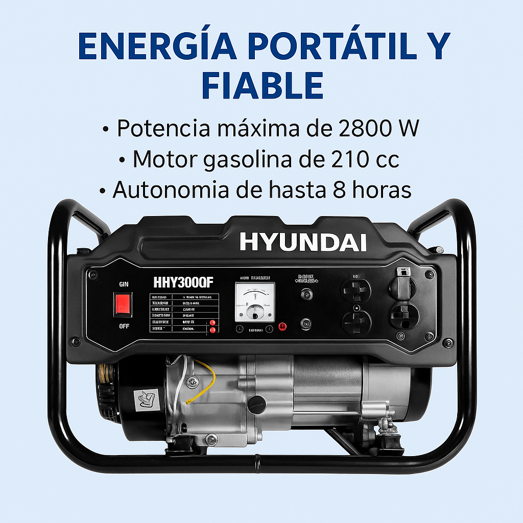 Generador Eléctrico Hyundai HHY3000F 2800W Gasolina | 110V/220V | Motor 210cc | Bajo Consumo y Alta Durabilidad