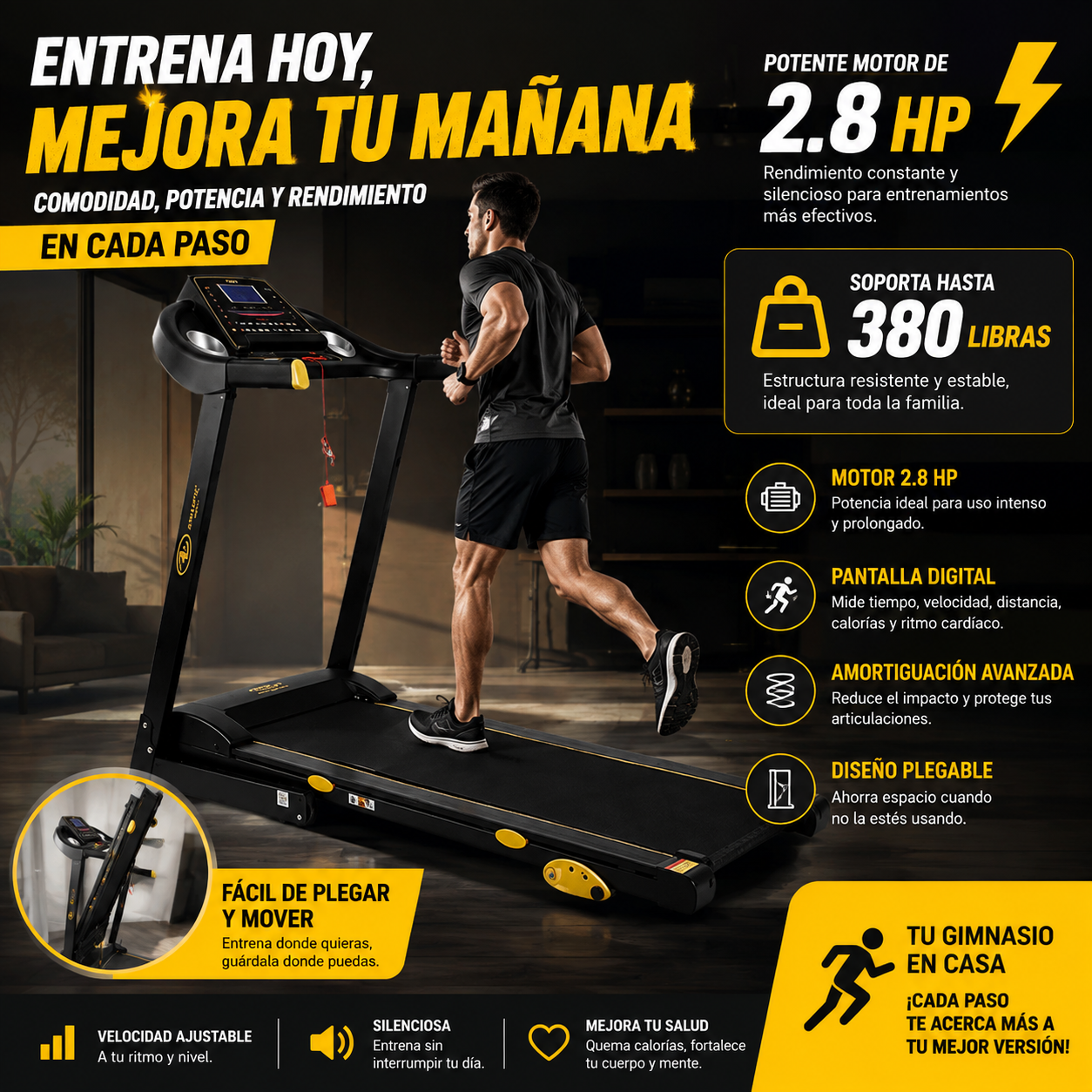 Caminadora Eléctrica Plegable 2.8HP | 3 Niveles de Inclinación  | soporta 199 kilos🚚