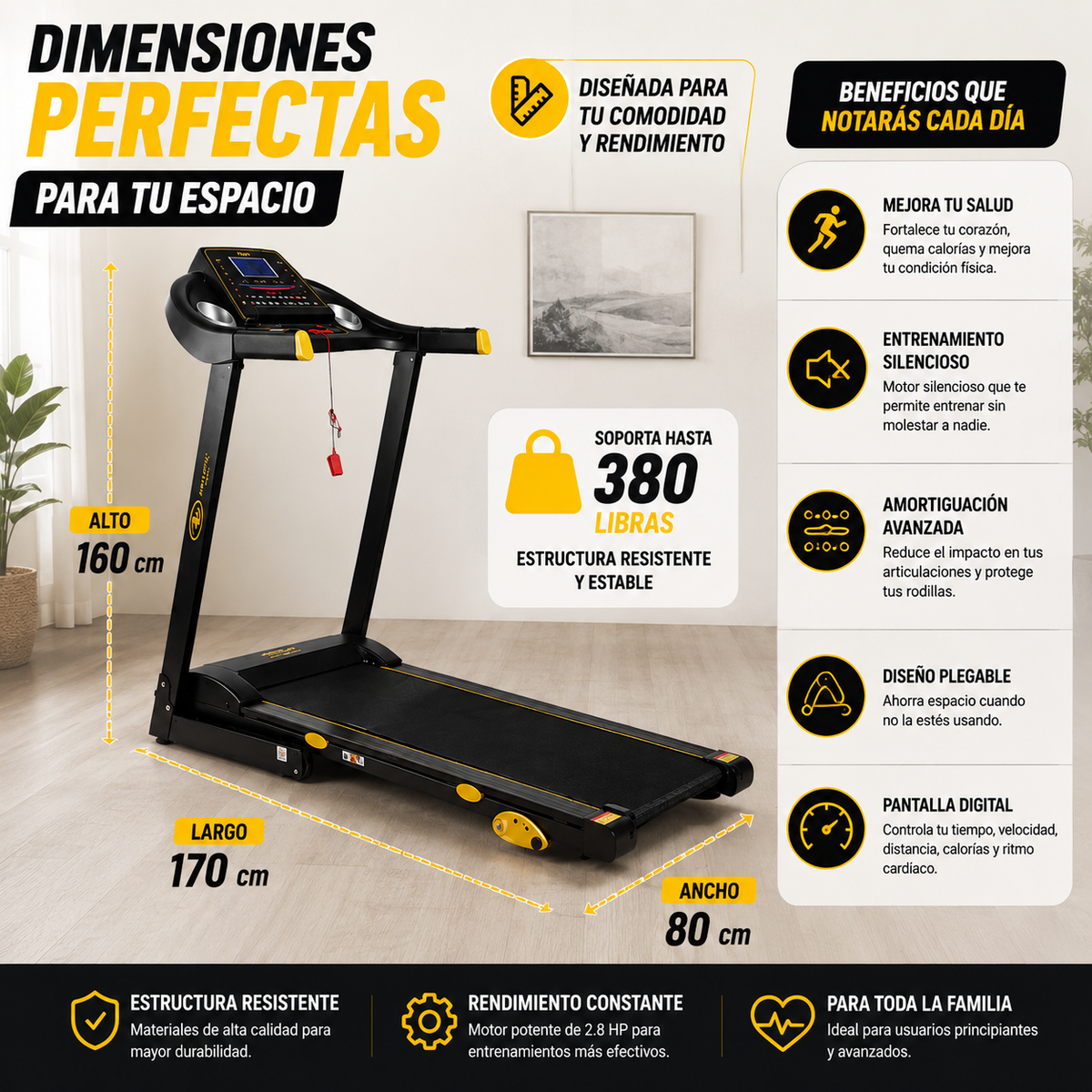 Caminadora Eléctrica Plegable 2.8HP | 3 Niveles de Inclinación  | soporta 199 kilos🚚
