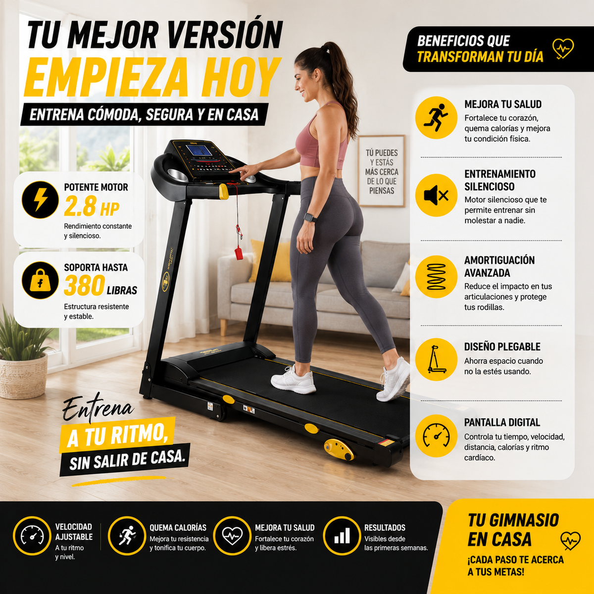 Caminadora Eléctrica Plegable 2.8HP | 3 Niveles de Inclinación  | soporta 199 kilos🚚