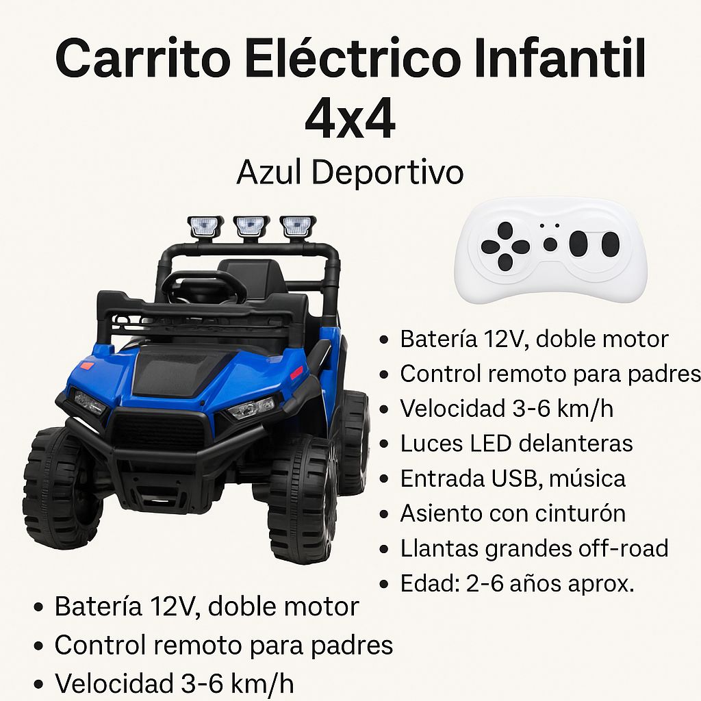 🚙 Carrito Eléctrico Infantil 4x4 Azul Deportivo