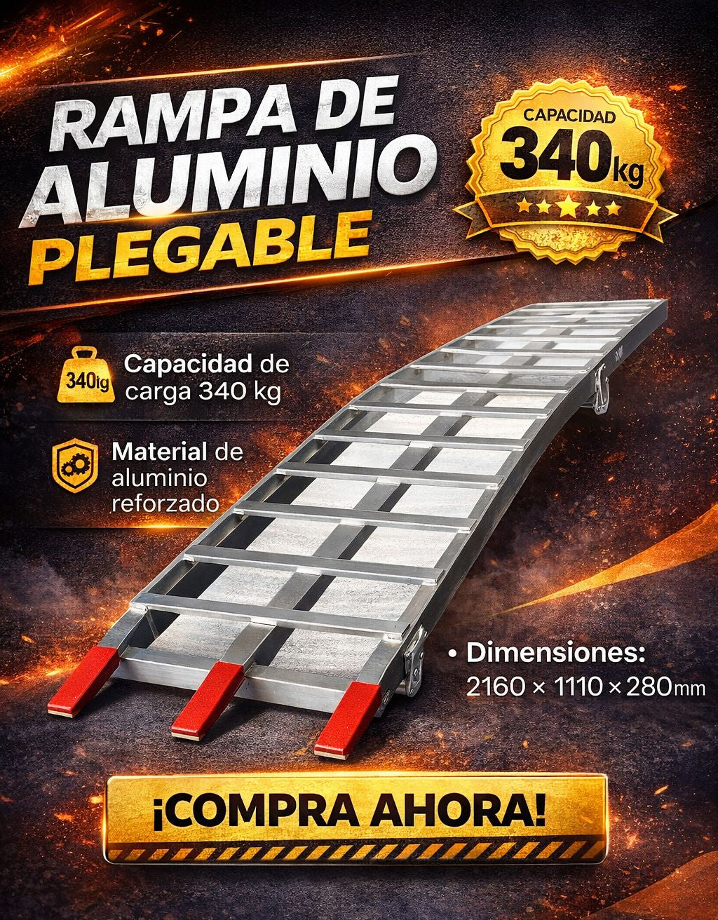 Rampa de Aluminio Plegable 340kg – Para Motos, Cuadrones y ATV
